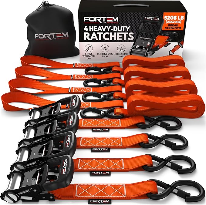 FORTEM Ratchet Tie Down Straps, 5208lb Break Strength, 4 Pack 10ft x 1.5in Heavy Duty Straps, 4 Soft Loops, Cam Buckles for Motorcycles, Safety Lock S Hooks, Carry Bag