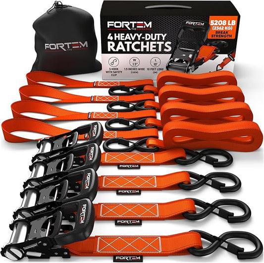 FORTEM Ratchet Tie Down Straps, 5208lb Break Strength, 4 Pack 10ft x 1.5in Heavy Duty Straps, 4 Soft Loops, Cam Buckles for Motorcycles, Safety Lock S Hooks, Carry Bag