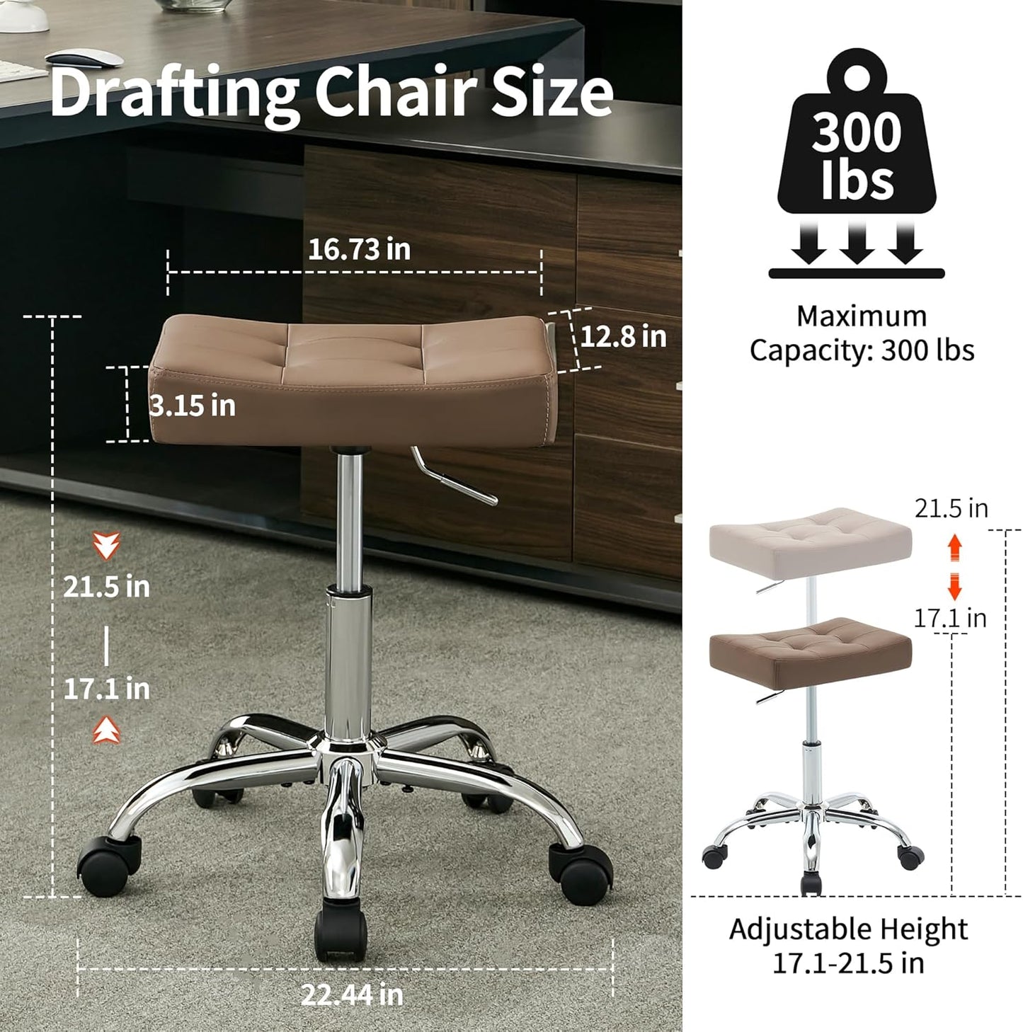 Ergonomic Desk Stool with Wheels (Adjustable Height 17"-21") (300lbs Capacity) Faux Leather Office Stool (Coffee Brown)