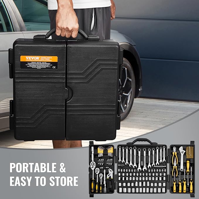 VEVOR Mechanics Tool Set 207 Pieces 1/4" 3/8" 1/2" Drive Sockets -SAE and Metric Mechanic Tool Kit with Bits - Wrenches, Ratchet Handle, Accessories, and Plastic Storage Case - for Automotive Repair