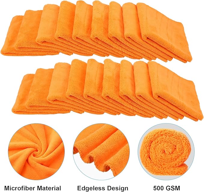 Shimeyao 30 Pcs Edgeless Microfiber Plush Towels for Cars Detailing Drying Wash Polishing Absorbent Cleaning Cloths, 500 GSM, 16 x 16 Inch(16 x 16 Inch,Orange,30 Pcs)