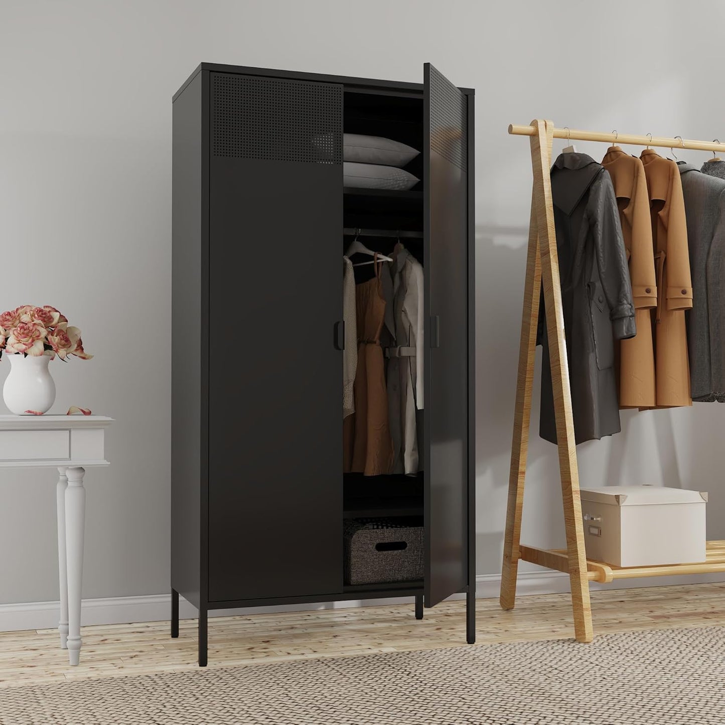 Metal Storage Cabinets Locker with Hanging Rod and Adjustable Shelves, 71'' Clothing Steel Storage Wardrobe for Home & Office, School, Employee,Gym(Black, 71''H-Wardrobe)