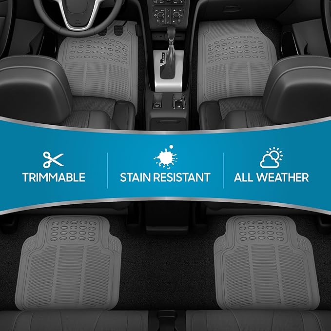 BDK All Weather Rubber Floor Mats for Car SUV & Truck - 4 Pieces Set (Front & Rear), Trimmable, Heavy Duty Protection (Grey), 1 Count (Pack of 1)