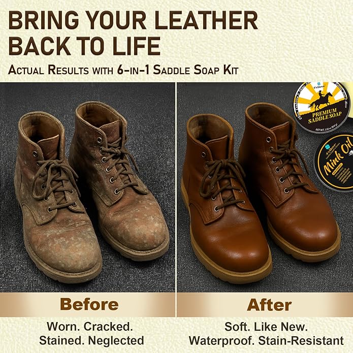 Saddle Soap for Leather – 6-in-1 Leather Cleaner & Conditioner with Saddle Soap & Mink Oil (3.52oz Each), Brush, Sponge & Towels – Complete Care Kit for Leather Boots, Bags, Car Interiors, Shoes
