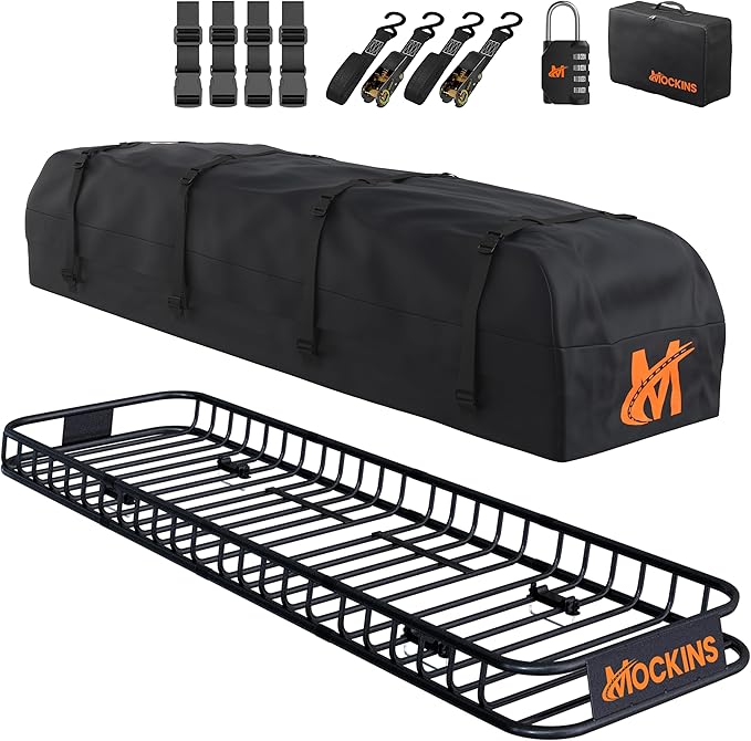 Mockins 85"x24"x4" Extendable Skinny Roof Basket Cargo Carrier w/ 20 CuFt Soft Roof Rack Bag | 250 Lbs. Capacity Rooftop Cargo Carrier for Top of Vehicle | Car Topper Luggage Carrier Waterproof Set