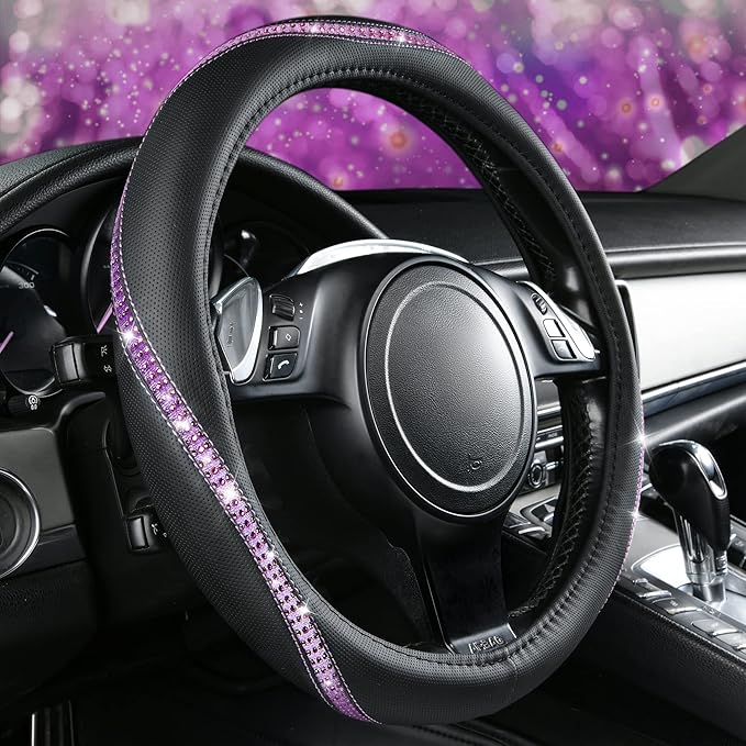 CAR PASS Bling Diamond Black Leather Steering Wheel Cover, Studded Crystal Rhinestones Universal Fit 14" 1/2-15" Glitter for Women Sparkle Girl Fit Suvs,Vans,Sedans,Car,Trucks, Purple Diamond