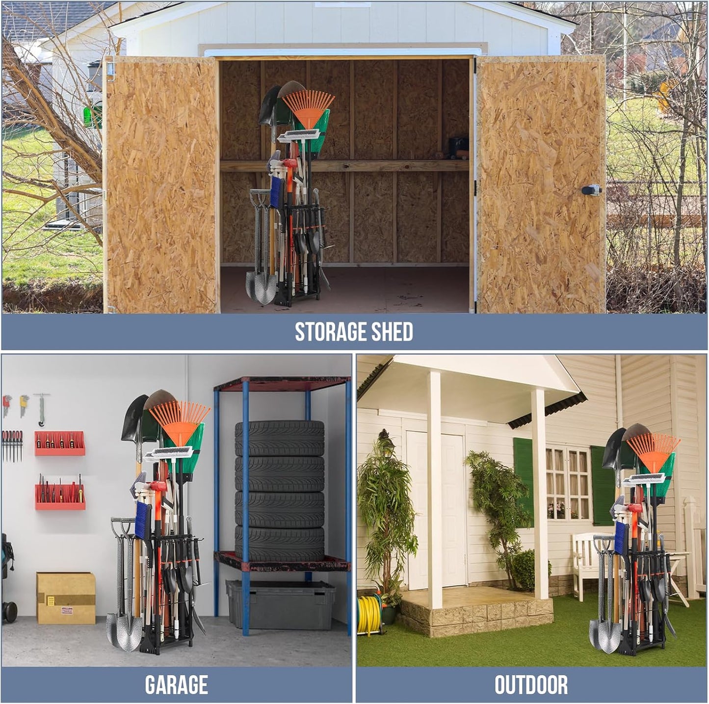 Garden Tool Organizer Holds 50 Long-Handled Tools/Rakes/Brooms/Shovles for Garage Organization and Storage, Shed, Outdoor, Lawn, Heavy-Duty Steel, Black, Easy Assembly (Corner Tool Organizer)