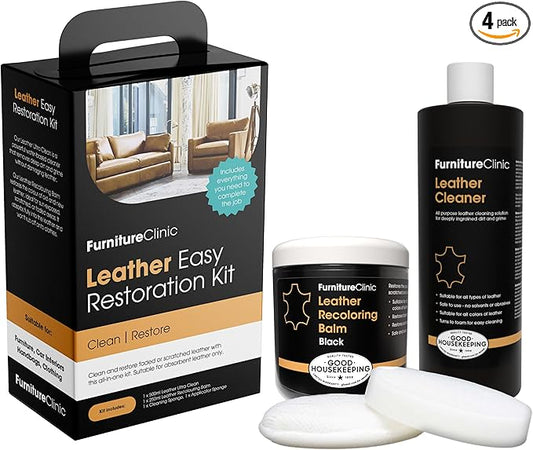 Furniture Clinic Leather Easy Restoration Kit | with Leather Recoloring Balm, Cleaner, Sponge, and Cloth | Leather Repair Kit for Scratched and Faded Furniture (Black)