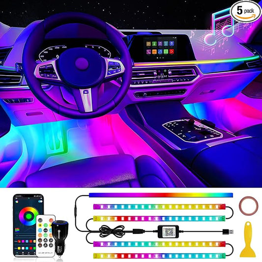 Car Led Light Interior, RGB Dreamcolor Inside Car Light Music Sync, Under Dash Footwell automotive Strip Light, 12V Acrylic Strip Light for Vehicle, Truck,Jeep, SUV with Car Charger(1set)