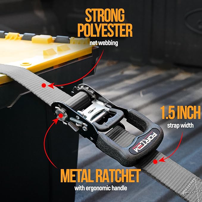 FORTEM Ratchet Tie Down Straps, 5208lb Break Strength, 4 Pack 10ft x 1.5in Heavy Duty Straps, 4 Soft Loops, Cam Buckles for Motorcycles, Safety Lock S Hooks, Carry Bag