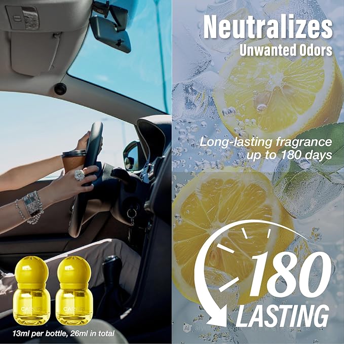 Car Air Freshener Vent Clip, Car Fresheners Long Lasting Scent (13ml x 2 Pack), Up to 180 Days, Air Freshener Deodorizer Odor Eliminator for Auto - Lemon Perfume