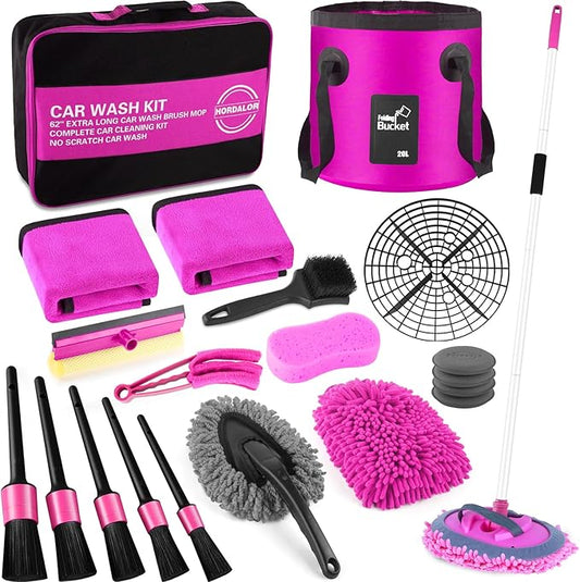 21Pcs Car Wash Kit,62" Car Wash Brush Mop with Long Handle,Car Cleaning Kit,Car Detailing Brush Set,Car Wash Bucket with Filter,Windshield Window Squeegee for Cars RV Truck Boat (Pink)