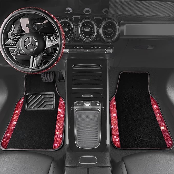 CAR PASS Bling Diamond Leather Steering Wheel Cover 14.5in-15in Floor Mats Shining Rhinestone Carpet Sparkly Glitter Crystal Anti-Slip Pad Fit Automotive SUV Pickup Truck Girl Women, 5pcs Black Red