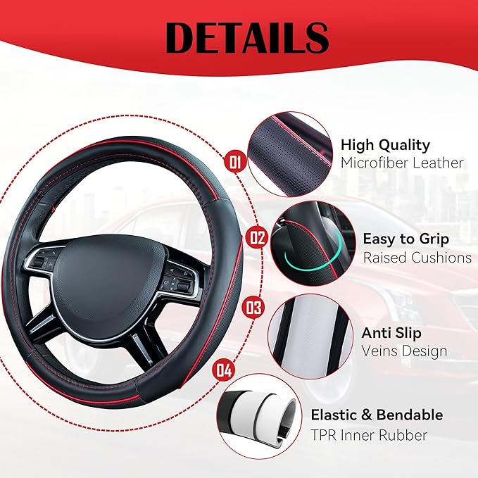 Car Pass Colour Piping Leather Steering Wheel Cover,Perfectly fit for 14.5-15 inches for Various Vehicles SUVs,Vans,Sedans,Cars (Black & Red)