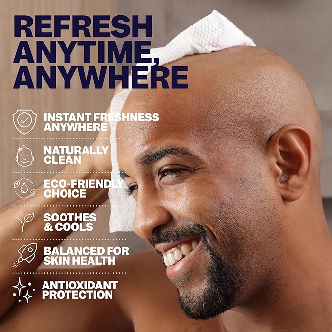Freebird Head & Body Towelette Wipes for Men - 10ct Large, Rinse-Free Head Towel, Flushable, pH-balanced, Showerless, Perfect for Gym, Camping, Anti-Shine with Natural Aloe, Eucalyptus, Witch Hazel