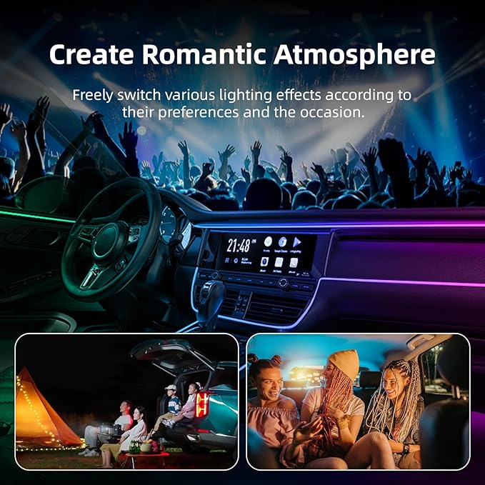 Wireless APP Control Car-Ambient-Lighting-Kit,256 RGB Colors DIY Modes Acrylic Interior Car LED Strip Light