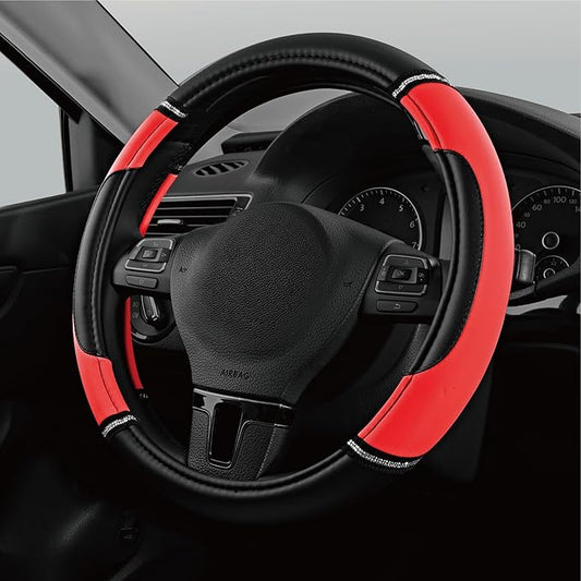 Road Comforts Leather Steering Wheel Cover - Made with PVC Leather - Anti-Slip, Universal Fit 14 1/2 inches to 15 inches - Red
