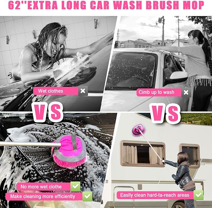21Pcs Car Wash Kit,62" Car Wash Brush Mop with Long Handle,Car Cleaning Kit,Car Detailing Brush Set,Car Wash Bucket with Filter,Windshield Window Squeegee for Cars RV Truck Boat (Pink)