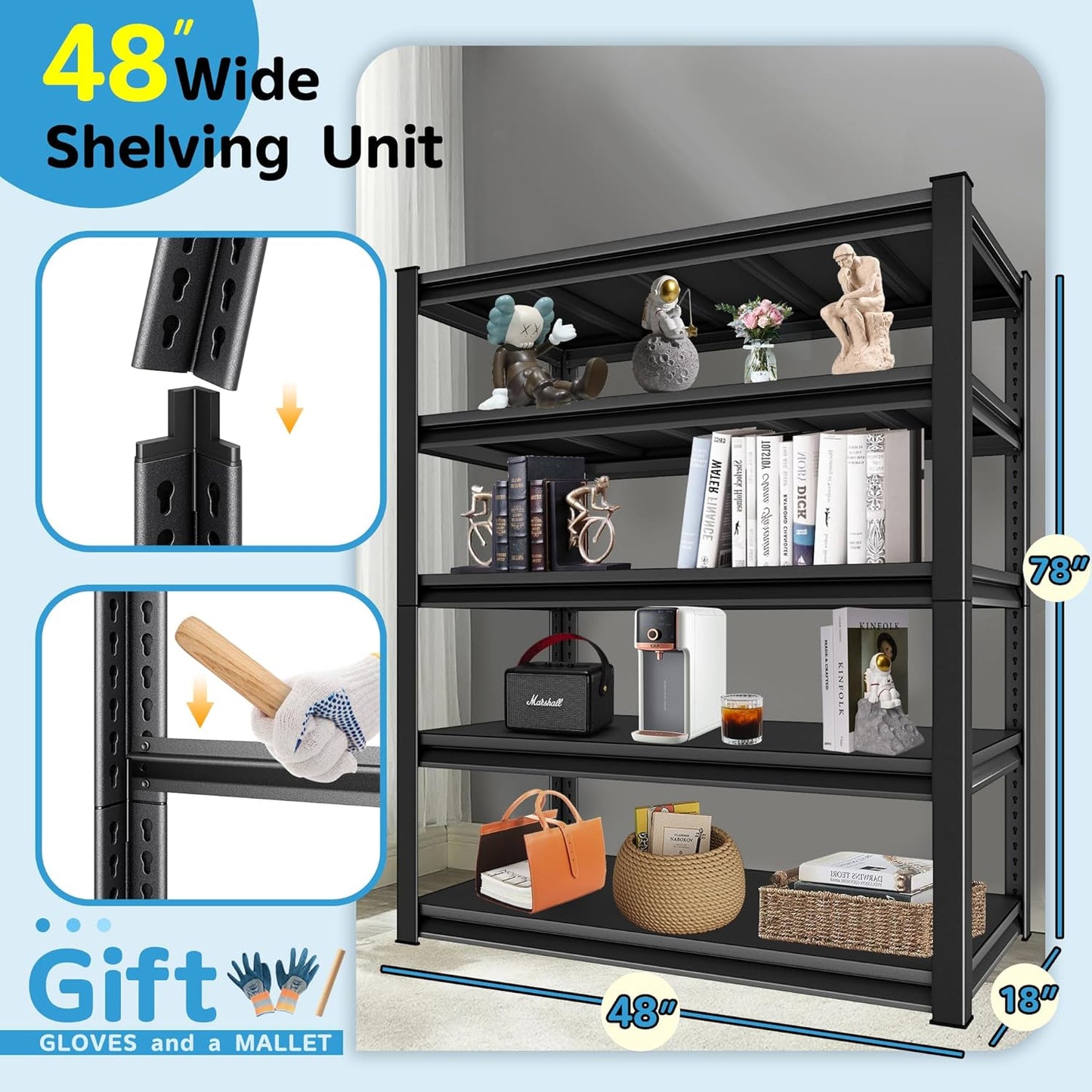 2750LBS Garage Storage Shelves Heavy Duty, 48" W x 18" D x 78" H,5-Tier Garage Shelving Heavy Duty, Industrial Metal Shelving Units for Garage, Basement,Fish Tank,Black