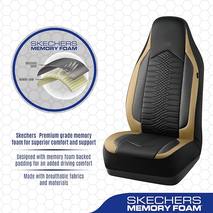 Skechers Memory Foam Car Seat Covers, Leather High Back Seat Covers Quilting Design,Waterproof Sports Car Seat Covers Full Sets,Airbag Compatible, Universal Fit for Most Cars, SUVs,Trucks,Beige