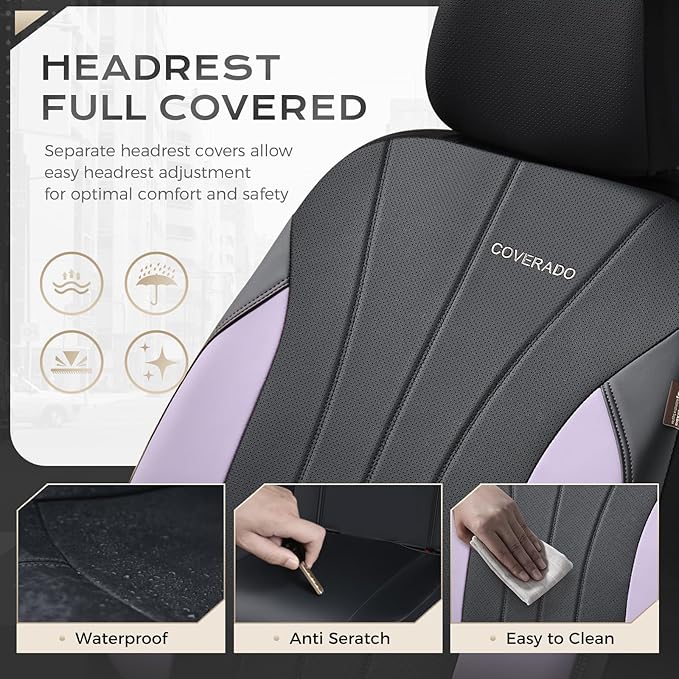 Coverado Car Seat Covers Front Seats, Automotive Seat Covers 2 Pack, Leather Car Seat Covers, Spill-Proof Design, Purple Seat Covers for SUV Sedan Truck