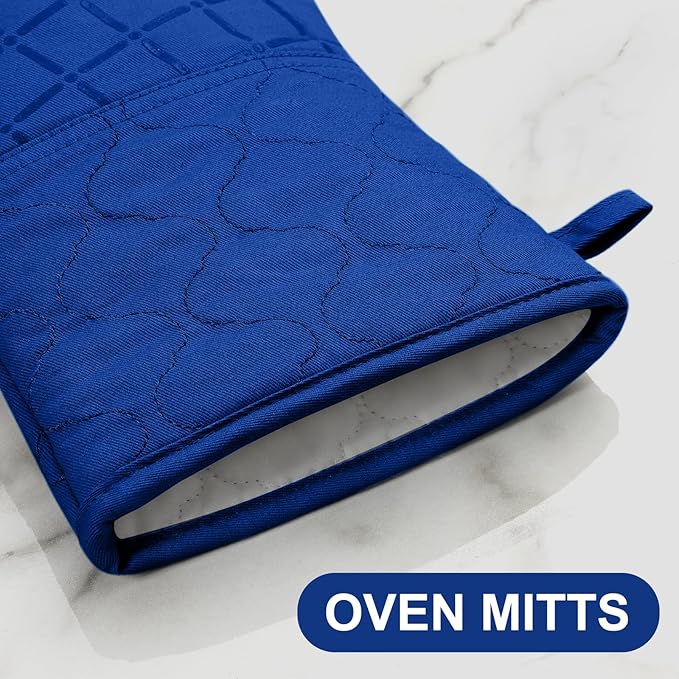 Oven Mitts Pot Holders Sets/Kitchen Towels and Dishcloths, Oven Gloves Kitchen Dish Towels 500 Degree Heat Resistant Potholders with Non-Slip Silicone Surface for Cooking, Grilling, Baking-Royal Blue
