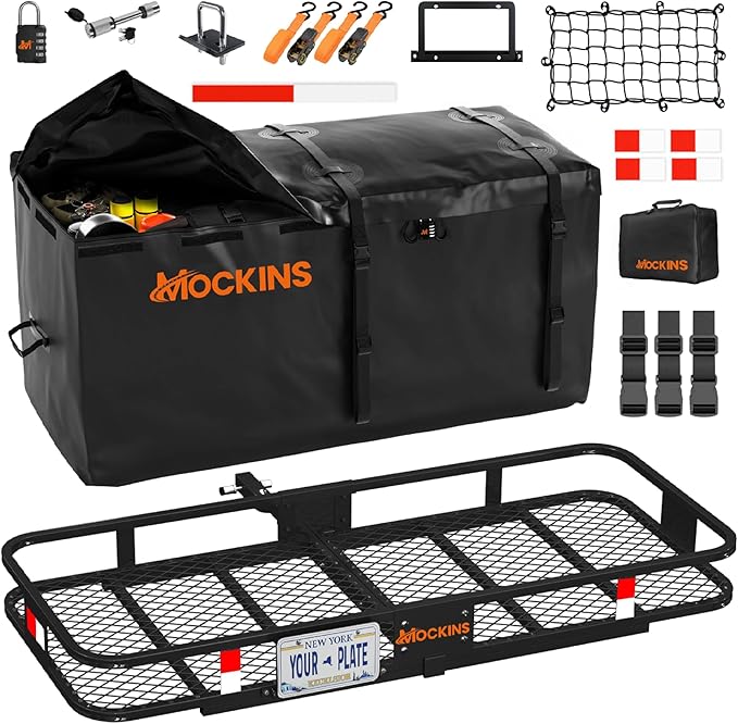 Mockins 60"x24"x6" Trailer Hitch Cargo Carrier & 25 CuFt Waterproof Cargo Bag | 500 Lbs. Capacity Folding Luggage Rack for SUV Car & Truck w/Built-in License Plate Bracket & Hitch Rack Accessories