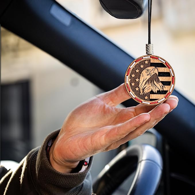 Wood Car Air Freshener - American Flag Design - Handcrafted Fragrance-Free Essential Oil Hanging Diffuser with Felt Pad - Add Your Own Oils - Refillable - Car/Truck/SUV - Cardboard Box