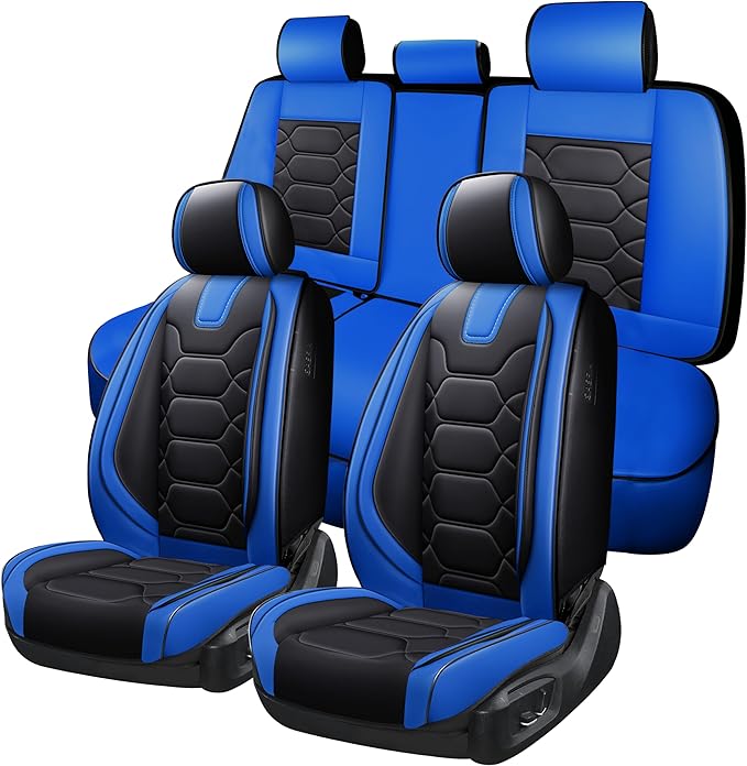 OASIS AUTO Car Seat Covers Premium Waterproof Faux Leather Cushion Universal Accessories Fit SUV Truck Sedan Automotive Vehicle Auto Interior Protector Full Set (OS-004 Black&Blue)