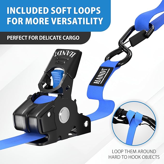 HandT USA Based Retractable Ratchet Straps (2PK) 1in x 6ft - 1,500lb Break Strength, Heavy Duty Automatic Ratchet Straps Self Retractable Tie Down, Push Button Retracting Truck Trailer Cargo | Blue