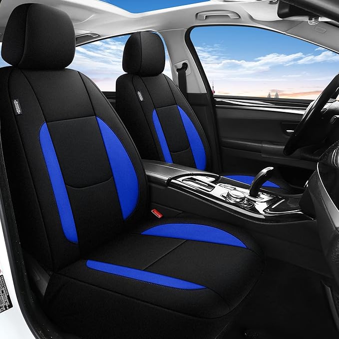 Pariitadin Waterproof Car Seat Covers 2 Front Seats, Neoprene Seat Covers for Cars, Universal Fit Interior Covers for Most Cars Sedan Van Truck SUV(Black/Blue)