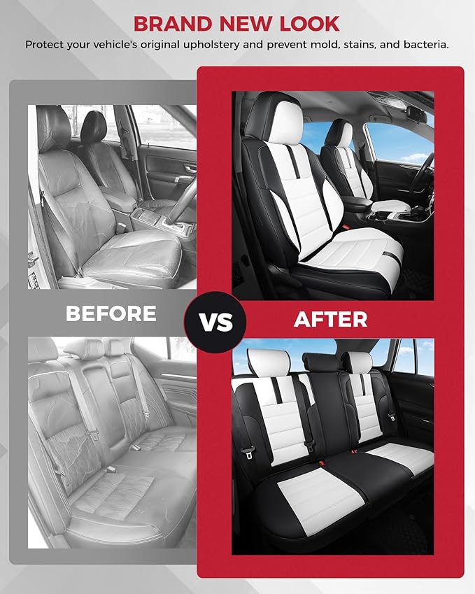 FREESOO Black White Car Seat Covers Full Set - Faux Nappa Leather Seat Covers for Cars, with Front Seatbelt Pads, Cute Breathable Cushion Protectors Fit for Most 5 Seats Sedans SUV Hatchbacks Trucks