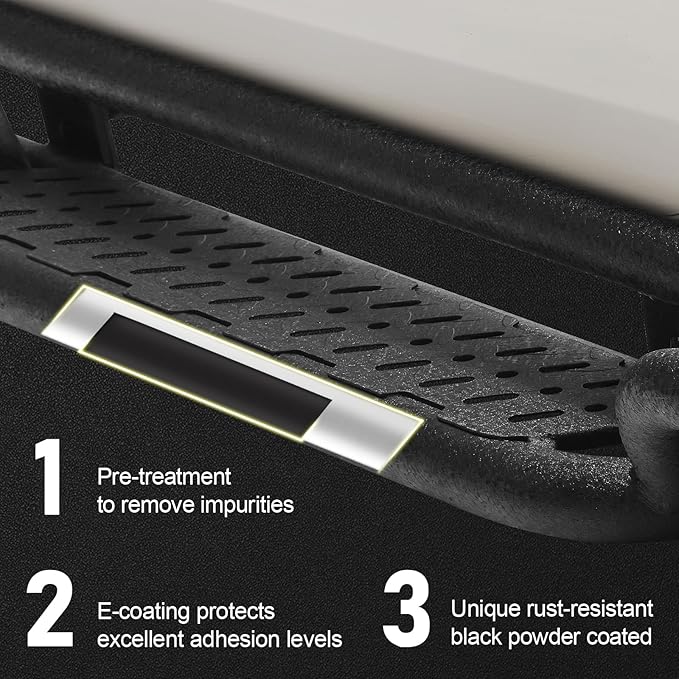 BINARY STAR Running Boards Compatible with Vehicle 2009-2018 Dodge Ram 1500 Crew Cab, 2010-2026 Ram 2500 3500 Crew Cab (Incl. Classic Model). Two-Stair Nerf Bars, Carbon Steel Side Step Bars.