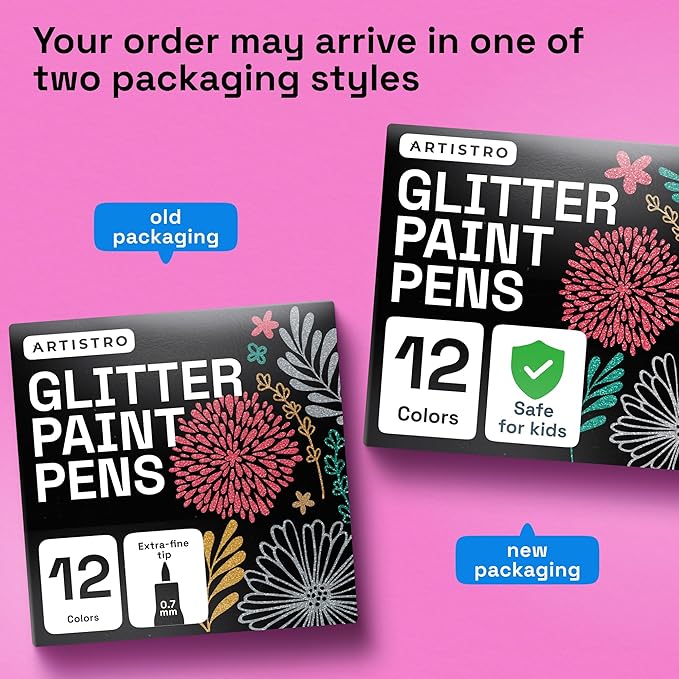 ARTISTRO 12 Glitter Paint Pens Sparkly and Shiny for Glass, Rock Painting, Ceramic, Wood, Fabric, Scrapbooking, DIY Craft Making, Coloring - Acrylic Paint Markers Extra-Fine Tip 0.7mm