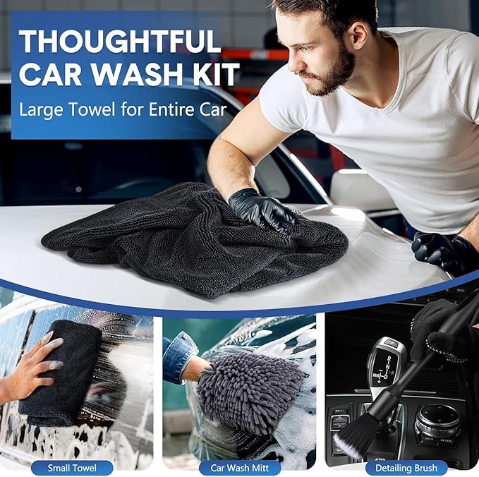 9-Piece Car Cleaning Kit, Including Wheel Cleaning Brush, Microfiber Cleaning Cloth, Soft Bristle Rim Brush, Tire Shine Applicator Pad, and Complete Car Detailing Tools