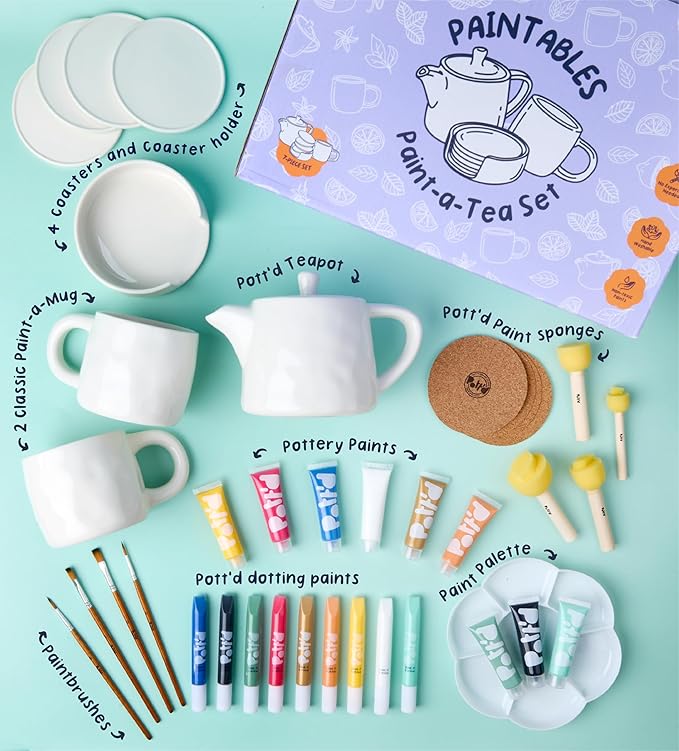 Pott’d Paintables Paint-a-Tea Set, DIY Pottery Painting Kit for Adults with Teapot, Mugs, Coasters, Paints, Brushes, Sponges, Palette and Guide, Craft Kit for Beginners and Tea Lovers