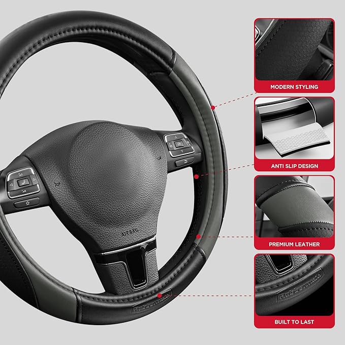 Rubbermaid Steering Wheel Cover – Universal Fit 14.5"–15" Steering Wheel Cover, Anti-Slip Grip, Breathable Leather, All-Season Protection, Interior Upgrade for Cars, Trucks, SUVs - Gray