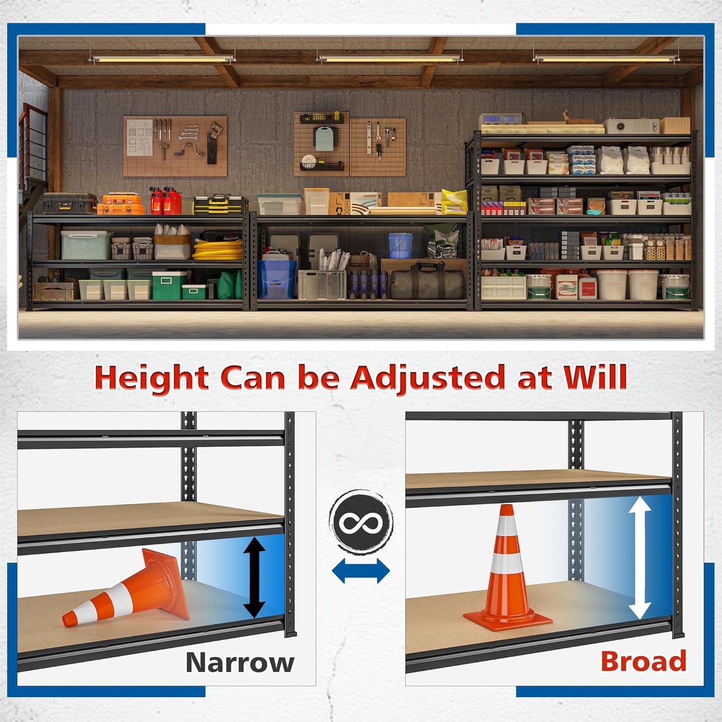 59.8" W Garage Shelving 72" H Storage Shelves 2750LBS Metal Shelving Heavy Duty Garage Shelves Adjustable Metal Shelf for Basement Warehouse Pantry 59.8" W x 24" D x 72" H