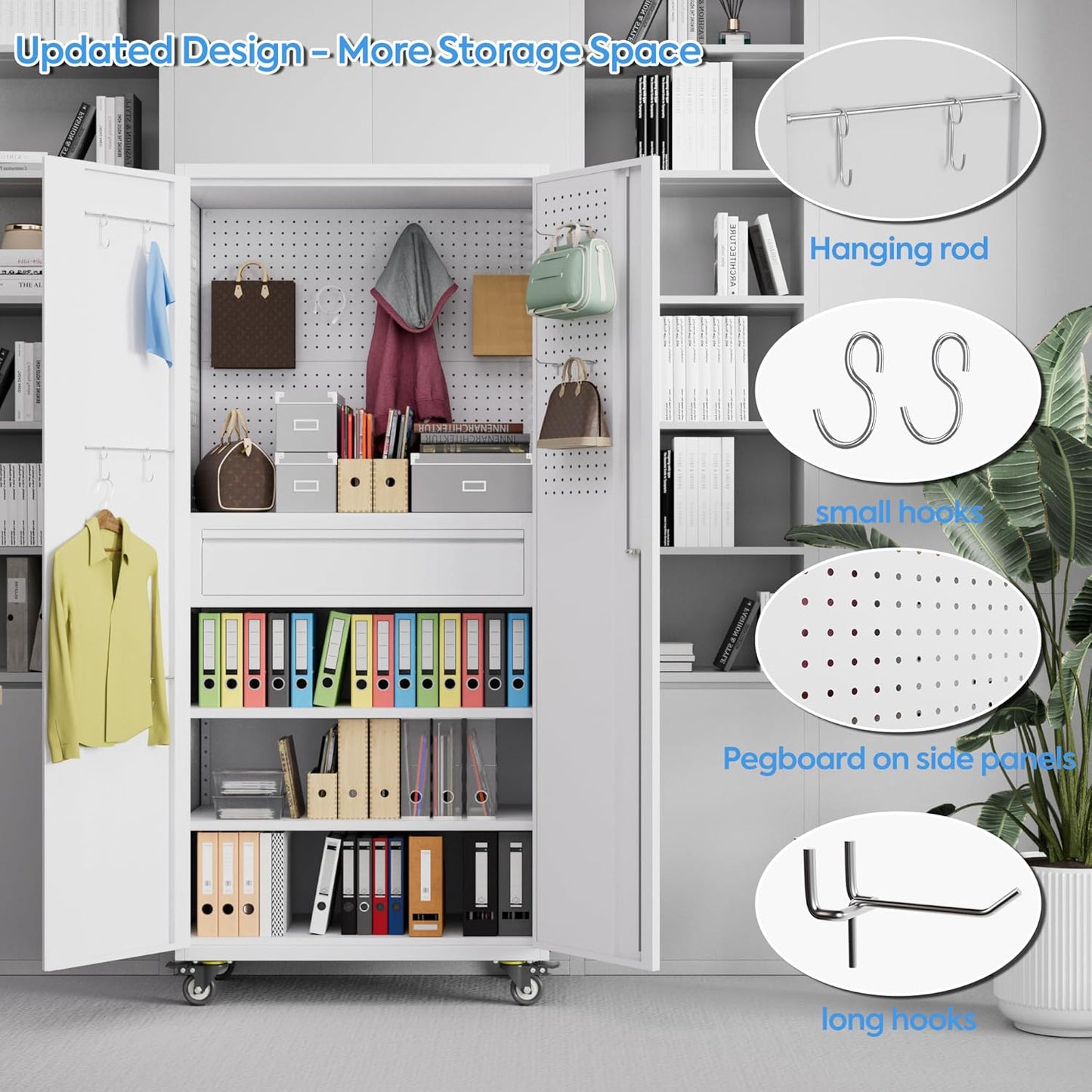 71" Metal Garage Storage Cabinet with 16 Hooks and Pegboards,1 Drawer Inside Rolling Tool Storage Cabinet with Adjustable Shelves,3 Metal Hanging Rod for Garage,Warehouse(White)