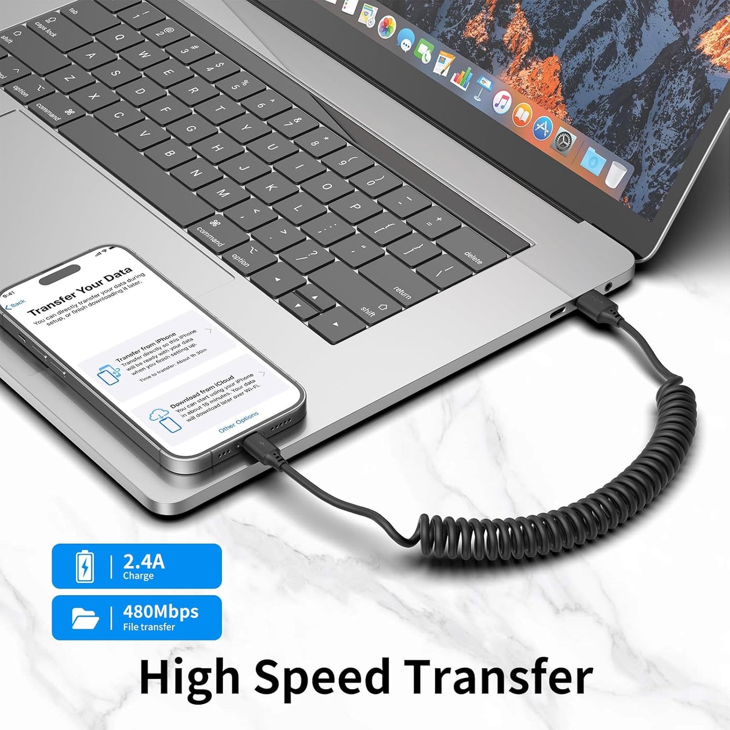 Coiled Lightning Cable 3FT for Car 2Pack, Stretchable iPhone Cord Fast Charging [MFi Certified] Coiled USB to Lightning Cable for iPhone 14 13 12 11 Pro Max XS 8 CarPlay