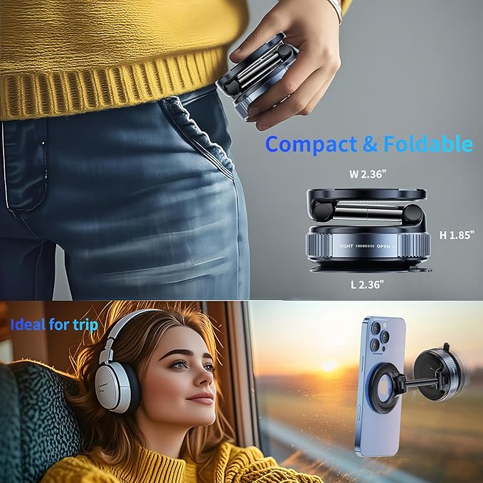 Magnetic Car Phone Holder for Magsafe [96+LBS Suction & 2800gf Magnetic], 360°Adjustable Vacuum Suction Cup Car Phone Mount, Car Mount for iPhone 17 Pro Max 16 15 14 13 12