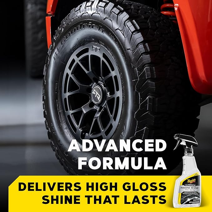 Meguiar's Ultimate Insane Shine Tire Spray - Premium Tire Dressing that Delivers a Lasting High Gloss Wet Look and is Easy to Use; Advanced Tire Shine that Bonds for a Long-Lasting Finish, 16 Oz Spray