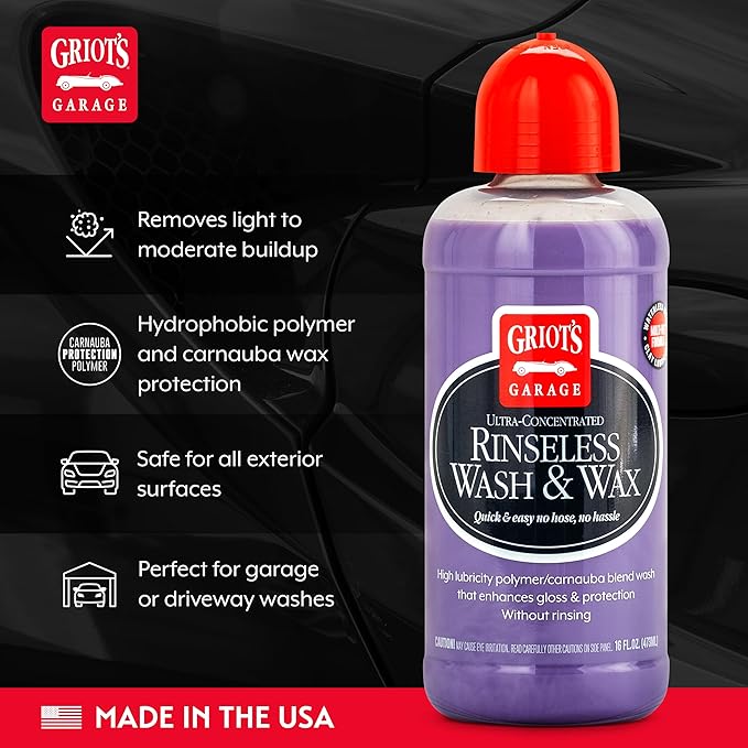 Griot's Garage Rinseless Wash and Wax for Car Cleaning and Detailing, No-Rinse, Waterless Formula For RVs, Boats, Trucks, Motorcycles and More, 10493, 16oz