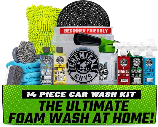 Chemical Guys Car Wash Kit 14-Pc Arsenal Builder - With Foam Blaster, Wash Bucket, Towels, Applicators, and 16 oz Soaps, Waxes, and Cleaners - Complete Auto Detailing Gift Set, Works with Garden Hose
