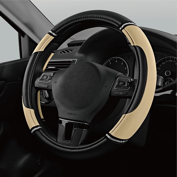 Road Comforts Leather Steering Wheel Cover - Made with PVC Leather - Anti-Slip, Universal Fit 14 1/2 inches to 15 inches - Beige