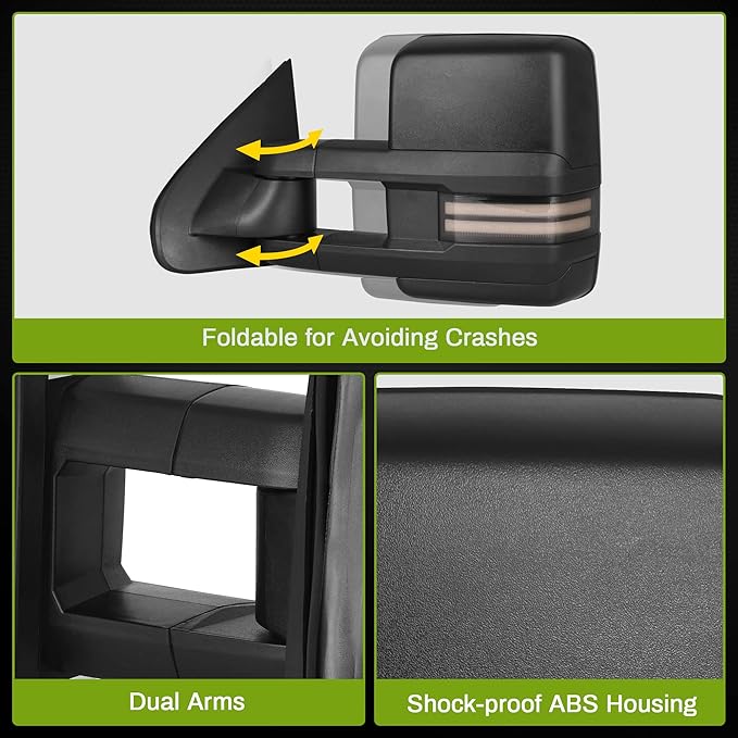 AUTOSAVER88 Towing Mirrors Compatible with 2014-2018 Chevy Silverado GMC Sierra 1500 2500HD 3500HD, LED Tube Turn Signal Light Telescoping Power Heated Tow Mirrors Pair Set