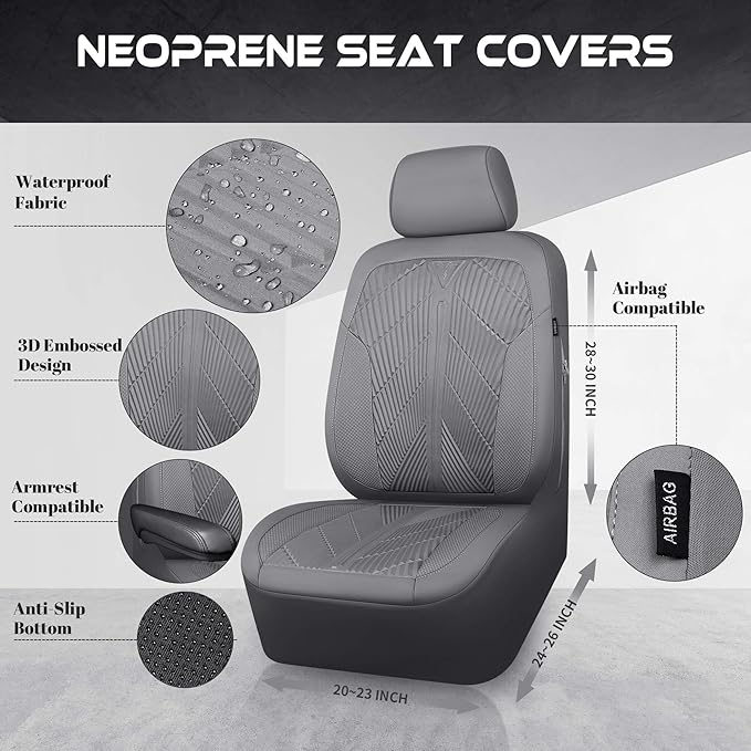 CAR PASS Waterproof Car seat Covers Full Sets Neoprene Wetsuit, All-Weather Non-Slip Durable, Universal Fit for SUV Sedans Trucks Vans Automotive, Armrest Airbag Compatible, 3D Emboss All Gray