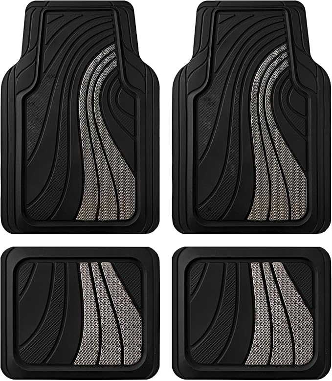 Road Comforts Car Floor Mats Full Set – Front & Rear Car Floor Mats with Aluminum Design, Anti-Slip Backing, All-Weather Protection, Trim-to-Fit Car Mats for Most Sedans, SUVs & Vans - Light Grey