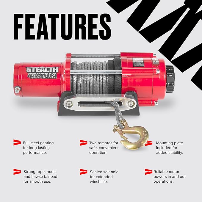 Stealth Winches 4500 lb 12V Electric Winch with Synthetic Rope & 2 Wireless Remote Kit for ATV UTV Jeep Truck Boat Trailer Car Towing Recovery, Heavy Duty Portable Off Road Winch with Mounting Plate