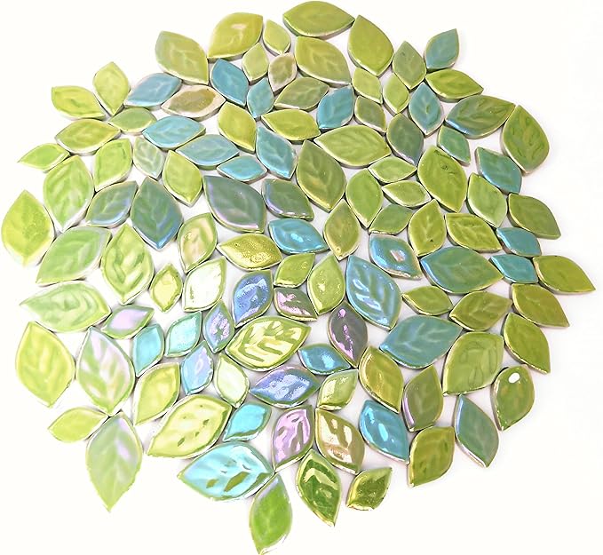 1.1LB Random Iridescent Leaves Ceramics Mosaic Tiles, Making Creative 3 Size Ceramic Mosaic Pieces for DIY Craft,Flowerpots, Vases, Cups, Garden Decor Mosaic Making Supplies (Light Green)